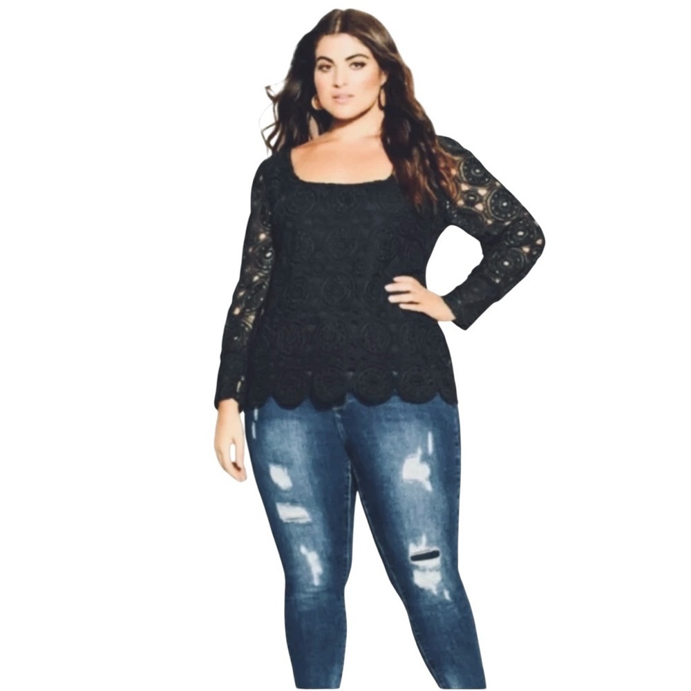 City Chic Black Lace Blouse Bohemian Crochet Top Size S / 16 Nwt